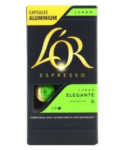 10 Capsules Espresso Lungo Elegante L&rsquo;OR Compatibles Machines Nespresso (Intensité 6)